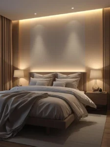 Bedroom interior with layered lighting