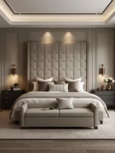 Bedroom with large statement headboard