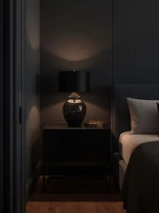 Black steel nightstand, smoked glass table lamp