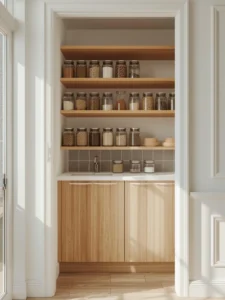 Bright small kitchen pantry with open light