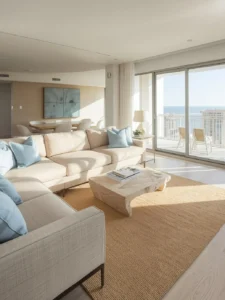 Coastal high-rise condo living room