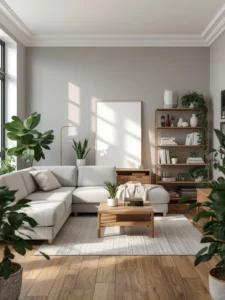 Contemporary gray living room with light gray walls