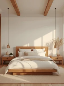 Modern bedroom featuring warm wood accents