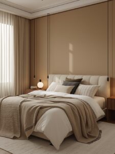 Modern bedroom interior with layered soft neutral tone