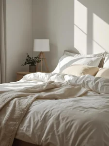 Modern bedroom with neatly layered white and textured bedding