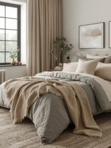 Modern bedroom with warm gray