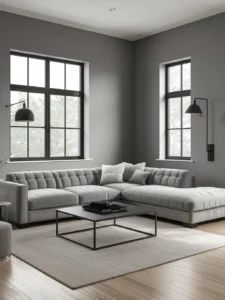 Modern gray living room with mid-gray walls