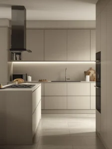 Modern kitchen with matching cabinet and wall tones