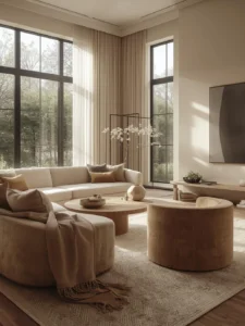 Modern living room with curved sofa