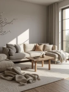 Photorealistic warm layered gray living room interior