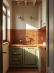 Ultra-realistic small kitchen interior with muted olive lower cabinets