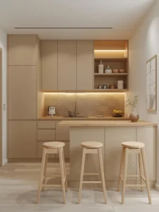 Ultra-realistic warm minimalist small kitchen