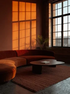 Urban loft living room with terracotta painted wall,