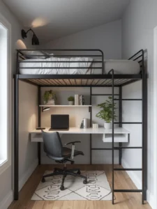 adult loft bed in a small bedroom