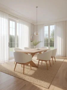 airy dining room with light oak table