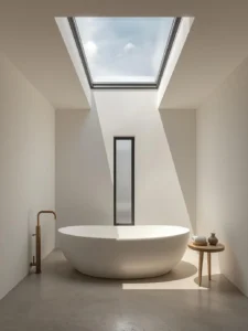 bathroom centered on a freestanding oval bathtub
