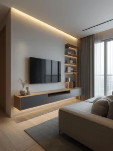 compact condo living room with floating media console