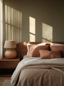 cozy bedroom with muted olive accent wall