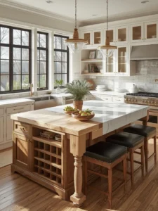 cozy kitchen centered on large multifunctional island