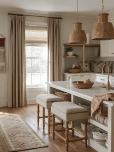 cozy kitchen emphasizing layered textiles