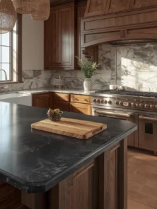 cozy kitchen featuring natural honed black soapstone