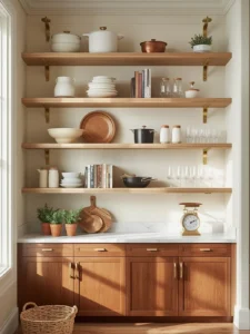cozy kitchen with floor-to-ceiling open shelving system