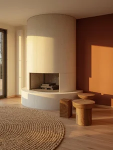 curved ivory plaster fireplace