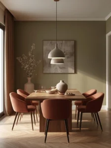 dining room with muted olive accent wall