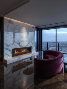 floor-to-ceiling marble slab fireplace