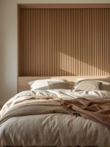 fluted wood accent wall behind bed
