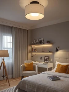 girls bedroom demonstrating layered lighting with multiple sources