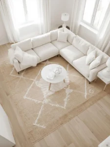 inviting white living room showcasing expertly layered area rugs