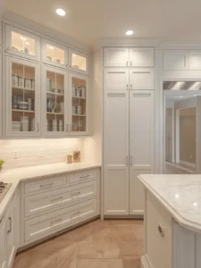 kitchen with glass-front pantry