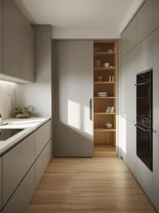 kitchen with sliding pocket door pantry