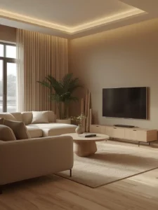 living room, curved cream sofa