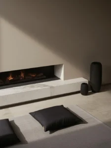 low limestone fireplace