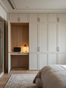 master bedroom with custom floor-to-ceiling cabinetry