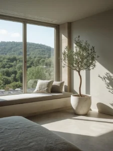 minimalist bedroom featuring a large picture window