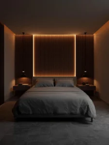 minimalist bedroom in an urban loft at dusk