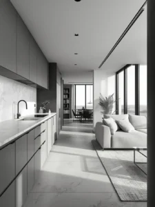 monochrome open kitchen living room