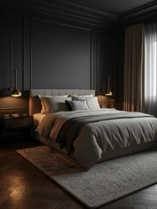 moody cozy bedroom with deep charcoal wall color