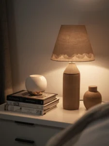 nightstand with ceramic lamp