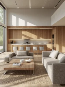 open kitchen living room featuring light oak cabinetry