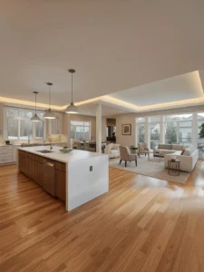 open kitchen living room in suburban USA home