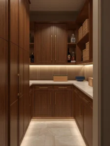 pantry featuring warm walnut cabinetry