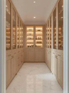 pantry with glass-front cabinets