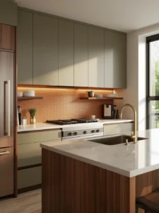 remodeled kitchen featuring muted olive cabinetry