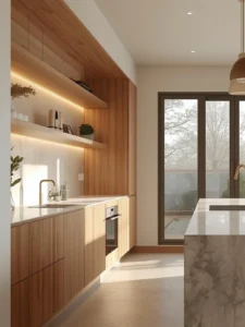 remodeled kitchen with floating wood shelves