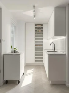 small apartment kitchen with multifunctional island cart