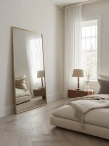 small bedroom featuring an oversized rectangular mirror
